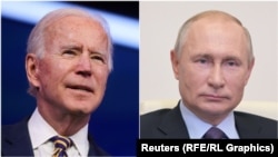 Президенттер Жо Байден менен Владимир Путин. Кошмо сүрөт.