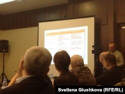 Слайд с указанием компаний, которые выигрывали лоты на реализацию государственной информационной политики, показанный участникам диалоговой площадки по госфинансированию СМИ. Астана, 2 марта 2017 года.