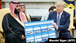 دونالد ترامپ در حال نشان دادن مجموعه‌ای از اقلام دفاعی فروخته شده به عربستان سعودی، در دیدار با محمد بن سلمان در اسفند ۹۶/ آمریکا رکورددار فروش و عربستان سعودی رکورددار واردات تجهیزات نظامی هستند.