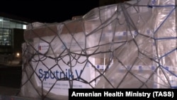 ARMENIA -- Russian-made Sputnik V COVID-19 vaccines are unloaded at Yerevan's Zvartnots airport, April 8, 2021