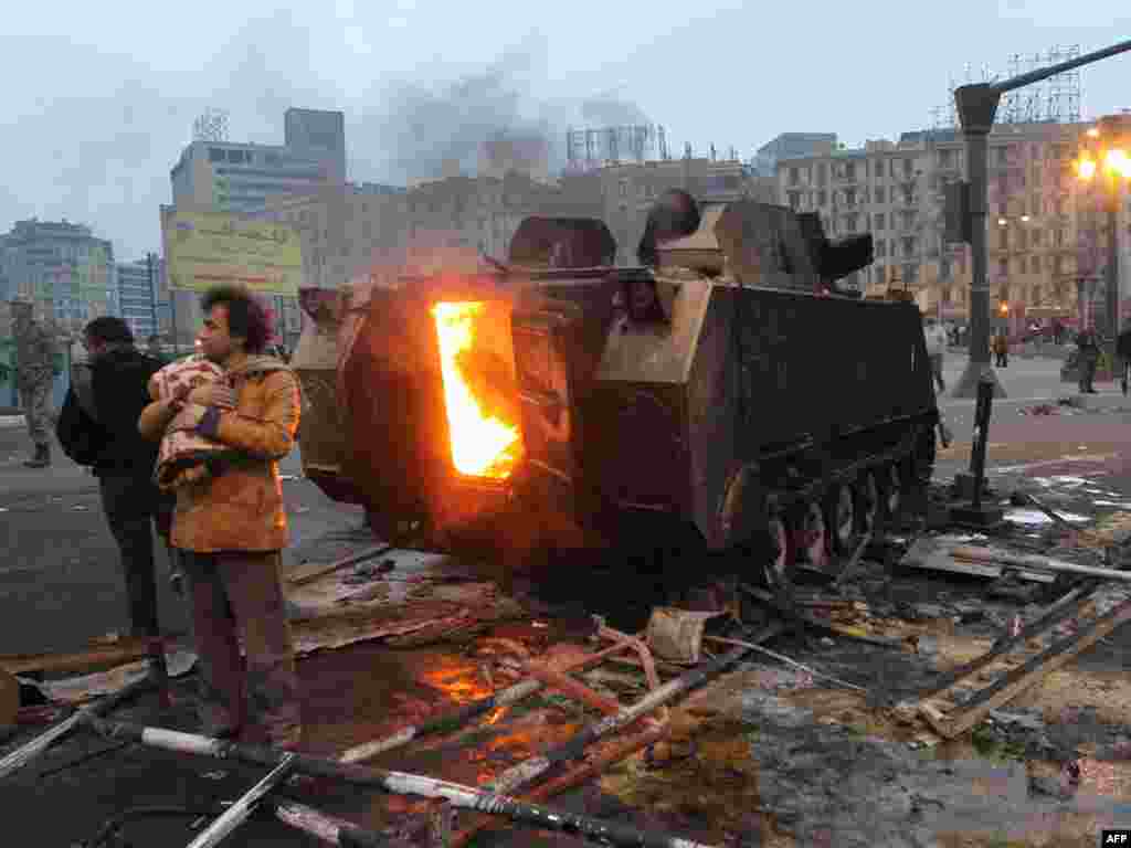 A burning armored vehicle in central Cairo on January 29.