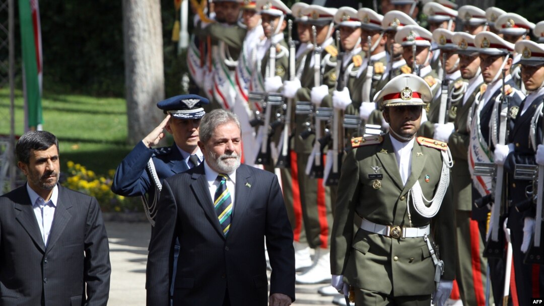President Mahmud Ahmadinejad (left) and his Brazilian counterpart Luiz Inacio Lula da Silva review a guard of honor in Tehran on May 16.