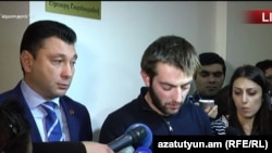 Armenia - Student activist David Petrosian (center) and Deputy Parliament Speaker Eduard Sharmazanov talk to reporters after their meeting, 15Nov, 2017