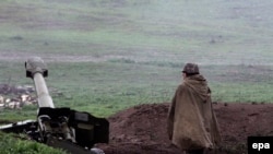 Nagorno-Karabakh -- An Armenian artillery position of the self-defense army of Nagorno-Karabakh in Martakert, 3 April2016