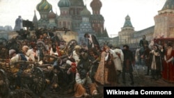 "Утро стрелецкой казни". Картина Василия Сурикова (1881). Царь Петр изображен сидящим на коне в правой части картины