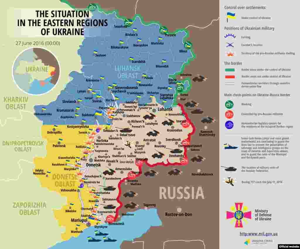 Ukraine -- ENGLISH Map: The situation in a combat zone at Donbas, 27Jun2016