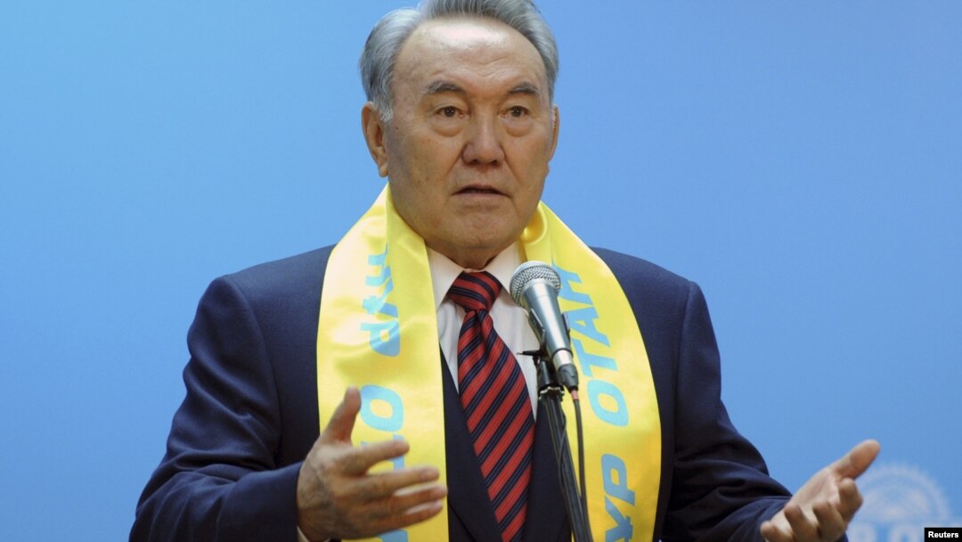 President Nursultan Nazarbaev, wearing the party scarf of Nur Otan, speaks at party headquarters in Astana on January 16.